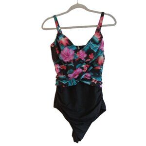 LAND'S END Tropical Floral Ruched Slimming One Piece Swimsuit Black Pink - Sz 14